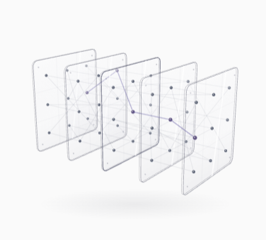 Five translucent layers of neurons, linked by fine connections and a violet signal path.